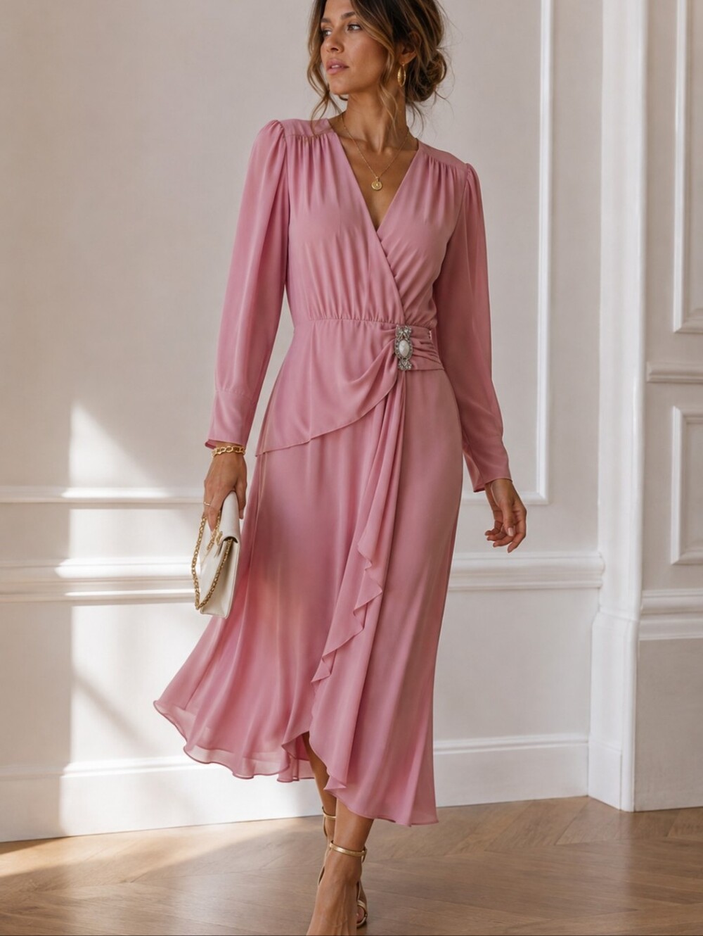 Martinique Fashions Union Made Pink Long Sleeve Wrap Dress with Embellish Waist